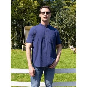 Unbranded Henley Shirt Men XL Navy Blue Mandarin Collar Short Sleeve Casual